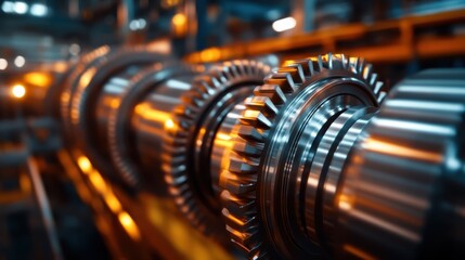 Fototapeta premium A close-up view of industrial gears showcasing intricate designs, precision engineering, and a beautiful interplay of light and metallic reflections.