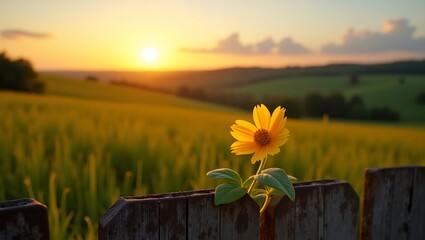Vibrant yellow petals of a single, delicate flower peeking out from the weathered, rusty wooden planks of a vintage fence, set against a warm, golden background. Generative Ai.