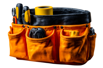 Contractors utility belt with multitools and measuring tape, shown in frontal belt-only view, crisp lighting for catalog style, transparent to transparent background