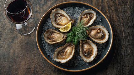 Six fresh, raw oysters artfully arranged on ice, garnished with lemon and herbs, alongside a glass of red wine.  A sophisticated seafood presentation.
