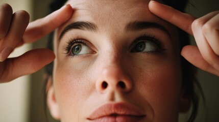 Contemplative woman touching forehead with thoughtful expression