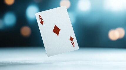 An ace of diamonds playing card floats gracefully against a blurred background, embodying the thrill and chance associated with card games in a surreal artistic expression.