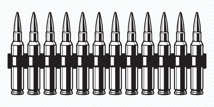detailed black and white drawing of bullets in an ammunition belt for graphic design projects