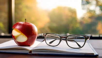 fresh apple with bite next to glasses on open notebook by window