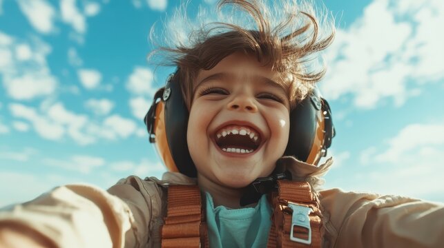 A smiling child wearing headphones enjoys a thrilling outdoor adventure, capturing the sheer joy and innocence of childhood in a bright blue sky.