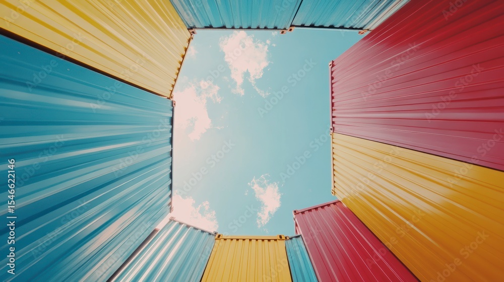 Poster colorful shipping containers viewed from below, creating a vibrant frame around a bright sky.