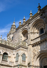 Fototapeta premium Santiago de Compostela Cathedral in Galicia, Spain, a famous pilgrimage site and UNESCO World Heritage landmark. Baroque façade and centuries-old religious significance.