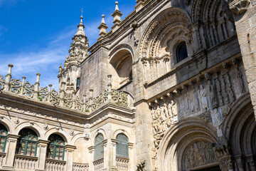 Fototapeta premium Santiago de Compostela Cathedral in Galicia, Spain, a famous pilgrimage site and UNESCO World Heritage landmark. Baroque façade and centuries-old religious significance.