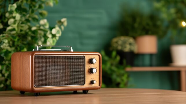 This image showcases a classic wooden radio resting on a table against a stylish green background, embodying a blend of vintage charm and modern décor aesthetics.