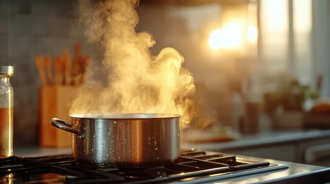 Steam billows from a pot on the stove in a cozy kitchen, evoking a sense of warmth and comfort, highlighting the joy of cooking and the art of culinary experiences.