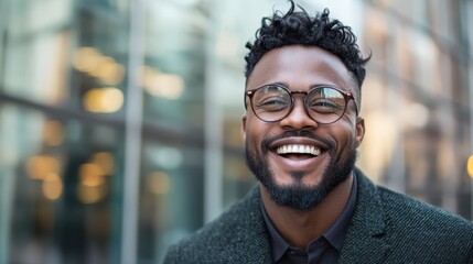 A stylish man is smiling confidently against a backdrop of modern urban architecture, embodying self-assurance and sophistication in a dynamic metropolitan environment.