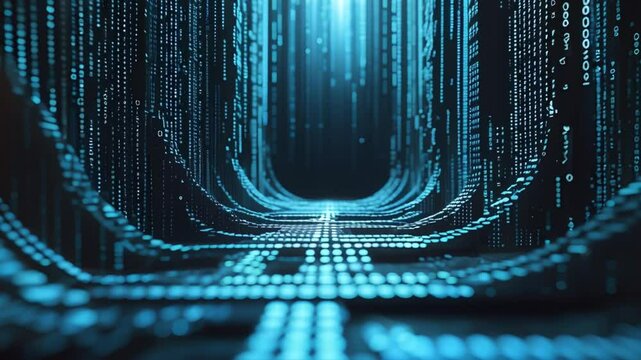 Futuristic Digital Tunnel Data Stream Abstract Background Seamless Loop 4 K High Resolution Cyan