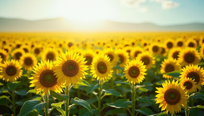 Fototapeta premium Vibrant Field of Sunflowers Under the Bright Sun with Beautiful Sunlight