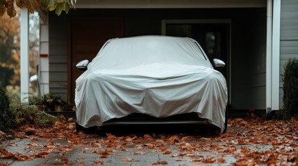 A car draped in a protective cover lies quietly in a suburban driveway, surrounded by a blanket of autumn leaves, hinting at changing seasons and moments of stillness.