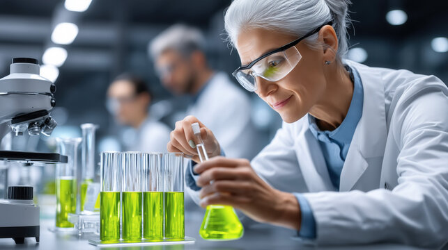 Female scientist in laboratory, wearing glasses and white coat, carefully conducting experiment with green liquid in beaker, showcasing dedication to research and innovation in science