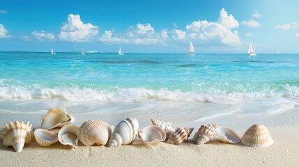 Obraz premium Coastal Serenity: Idyllic Beach Background with Graceful Sailboats – Gentle Ocean Waves, Sandy Shorelines, Palm Tree Silhouettes, and Golden Hour Glows in Soft, Dreamy Photography for Wallpapers, Trav