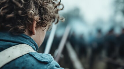 A child's perspective from behind, observing a historical reenactment of a battle, encapsulating curiosity and the weight of history in a poignant moment.