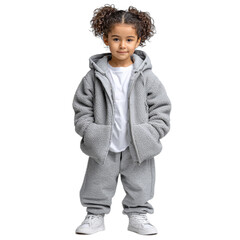 Cozy and Stylish Child Wearing Gray Fleece Jacket and Sweatpants with Curly Hair and Bright Smile in Urban Setting