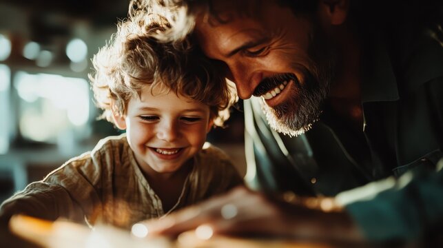 A joyful father and son share a heartwarming moment, their smiles reflecting a deep bond as they explore and create memories together in a warm environment.