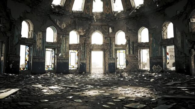 Desolate interior of a damaged historical building a dramatic view of architectural ruins