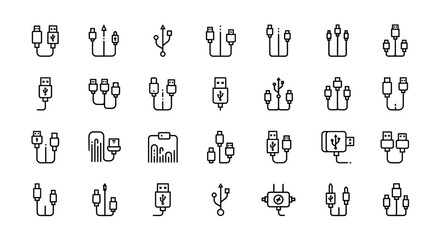 Collection of USB Cable and Connector Icons Line Art Graphics