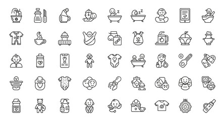 Baby Care Line Icons Bath, Clothes, Toys, and More
