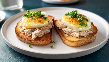 two open faced sandwiches with creamy tuna mayo mixture topped with golden brown melted mozzarella on thick slices of white bread served on a round white plate