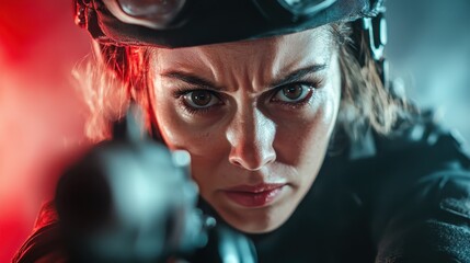 A powerful and intense close-up of a determined female action performer aiming a firearm, showcasing strength and focus in a dramatic and suspenseful lighting environment.
