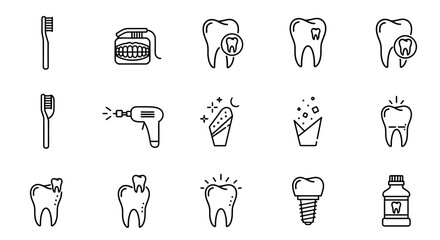 Dental Care Icons Toothbrush, Floss, Drill, and More