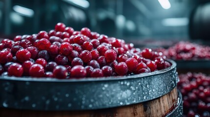 This image showcases a bountiful harvest of glistening red grapes piled high in a rustic wooden barrel, highlighting the freshness and vitality of nature's produce.