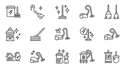 Cleaning Supplies Icons Broom, Vacuum, Dustpan, and More