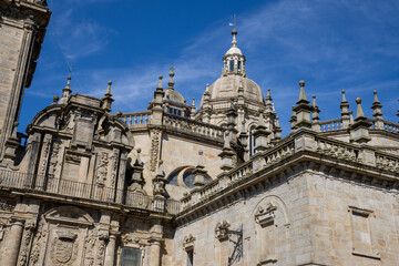 Fototapeta premium Santiago de Compostela Cathedral in Galicia, Spain, a famous pilgrimage site and UNESCO World Heritage landmark. Baroque façade and centuries-old religious significance.