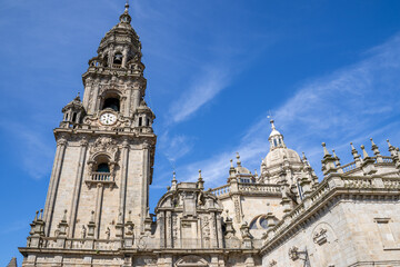Santiago de Compostela Cathedral in Galicia, Spain, a famous pilgrimage site and UNESCO World Heritage landmark. Baroque façade and centuries-old religious significance.