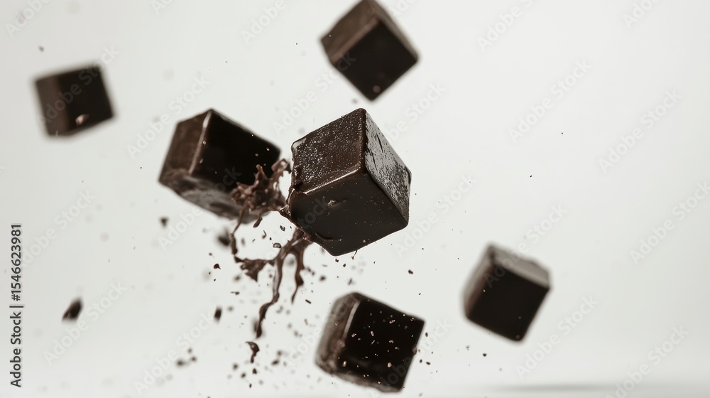Poster dark chocolate cubes falling and splashing against a white background.