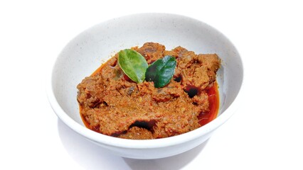 Beef Toppa Lada served in a white bowl. Popular Indonesian food from Makassar, South Sulawesi