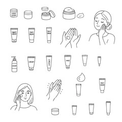 Vector illustration with different skin care products such as face and hand creams. Applying cream on hands and face. Doodle style skin care products.