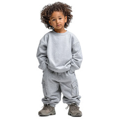 Young child wearing oversized gray sweatshirt and cargo pants, standing confidently with unique curly hair and serious expression