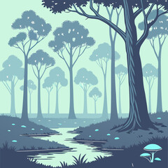 Obraz premium A serene forest scene with tall trees and a winding stream under a soft light creating a peaceful escape