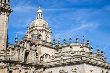 Santiago de Compostela Cathedral in Galicia, Spain, a famous pilgrimage site and UNESCO World Heritage landmark. Baroque fa&ccedil;ade and centuries-old religious significance.