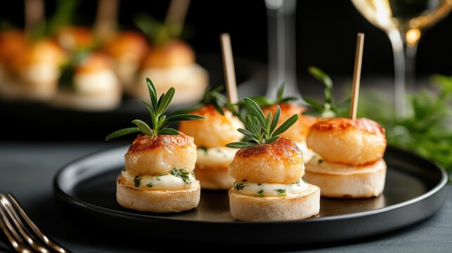 An elegant presentation of gourmet scallops garnished with herbs on a stylish plate, highlighting culinary craftsmanship and the art of fine dining and culinary creativity. - Powered by Adobe