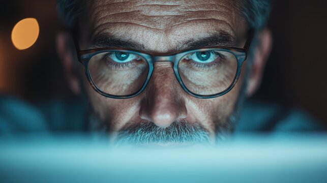 A captivating close-up of an older man with glasses deeply focused on a screen, reflecting diligence, wisdom, and determination in his work or study environment.