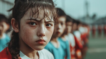 A young athlete stands forward with a solemn expression against a backdrop of teammates, capturing the intensity, determination, and commitment inherent in competitive sports.