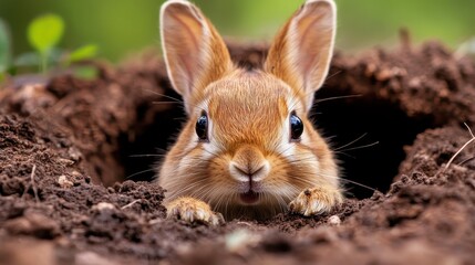 Fototapeta premium A delightful rabbit peeks out from its burrow, showcasing its inquisitive nature. The photo beautifully captures the adorable features and the earthy setting of the animal.