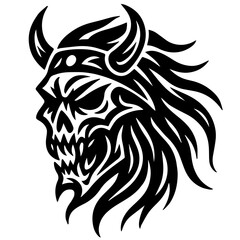 Fototapeta premium A bold and aggressive black tribal illustration of a demonic Viking skull with sharp fangs, horns, and wild flame-like hair. Designed in a tribal blackwork style,