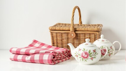 Elegant Picnic Basket and Floral Teapots