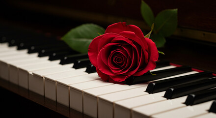 Red rose placed on piano keys in soft lighting  