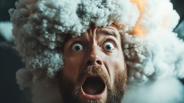 This striking image depicts a man with a surreal, cloud-like hairstyle, showcasing shock and surprise, capturing emotions in an exaggerated yet captivating artistic manner.