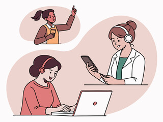 Diverse Women Working Remotely with Technology Laptop Smartphone and Headsets Illustrating Modern Communication and Collaboration in a Digital Age