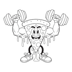 Strong pizza slice character lifting dumbbells isolated line art vector design 