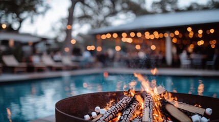 A mesmerizing fire pit burns brightly in the foreground, contrasting beautifully with the soft lighting of a lively poolside atmosphere in the background.